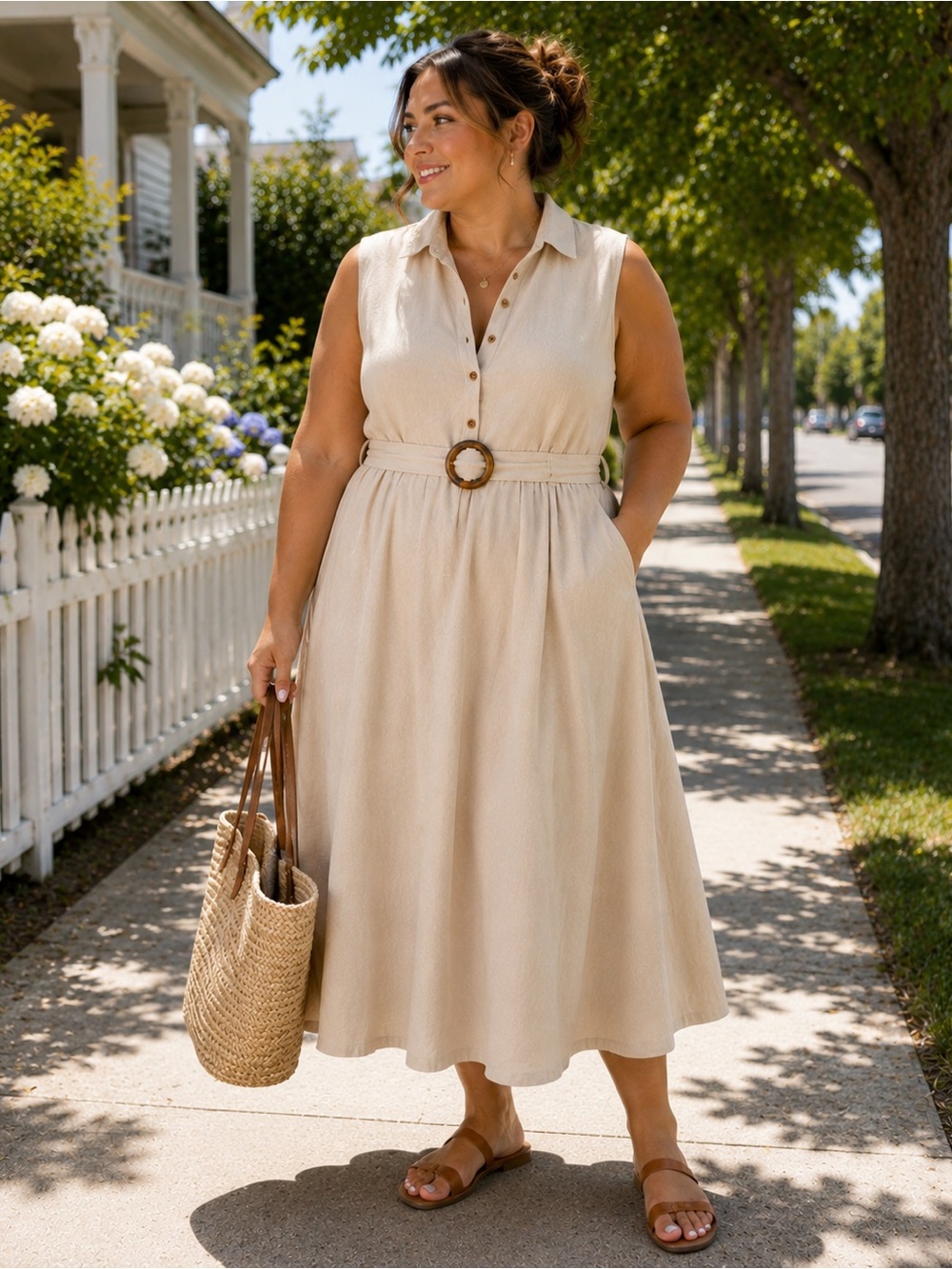 Suzy Shier Beige Midi Dress with Buttons